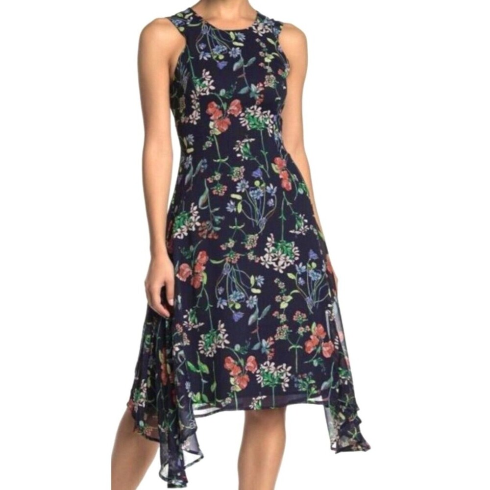 Tommy Hilfiger Floral Chiffon Sleeveless Dress Size 14 Colorful Sharkbite Hem